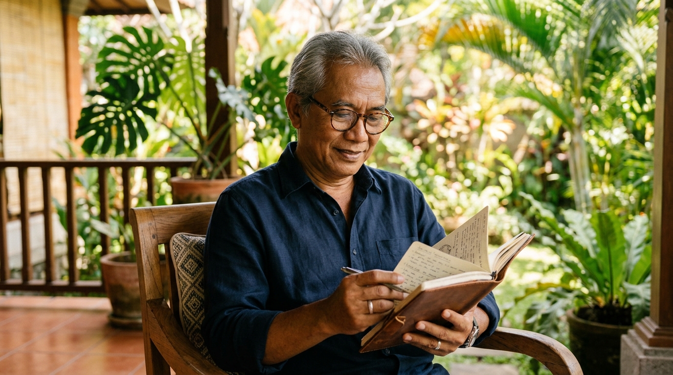 Seseorang sedang memakai kacamata dengan ekspresi tenang sambil membaca dokumen di ruang kerja yang rapi