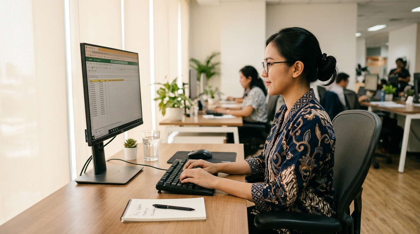 Seorang pekerja profesional bekerja dengan tenang di depan laptop dalam ruang kerja yang terang dan bersih