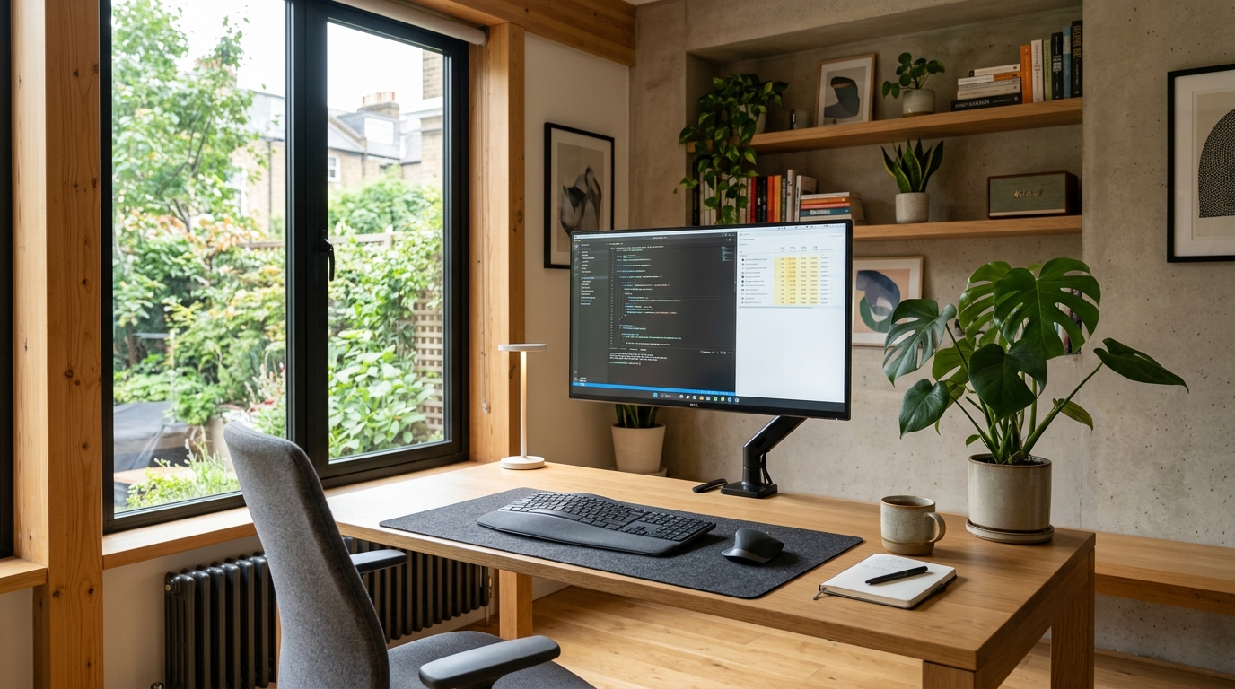 Meja kerja ergonomis dengan monitor sejajar mata dan cahaya samping