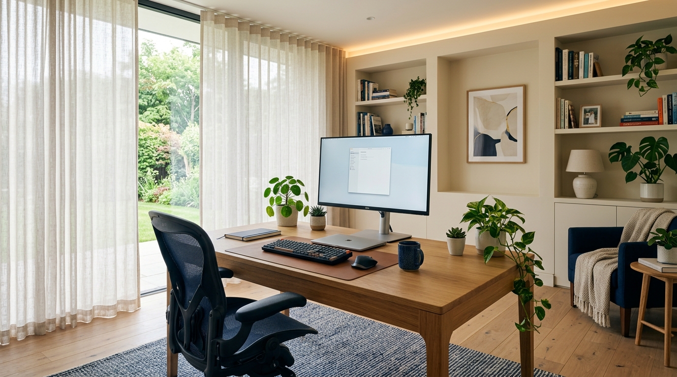Ruangan kantor modern dengan pencahayaan ambien hangat dan lampu meja terarah yang lembut